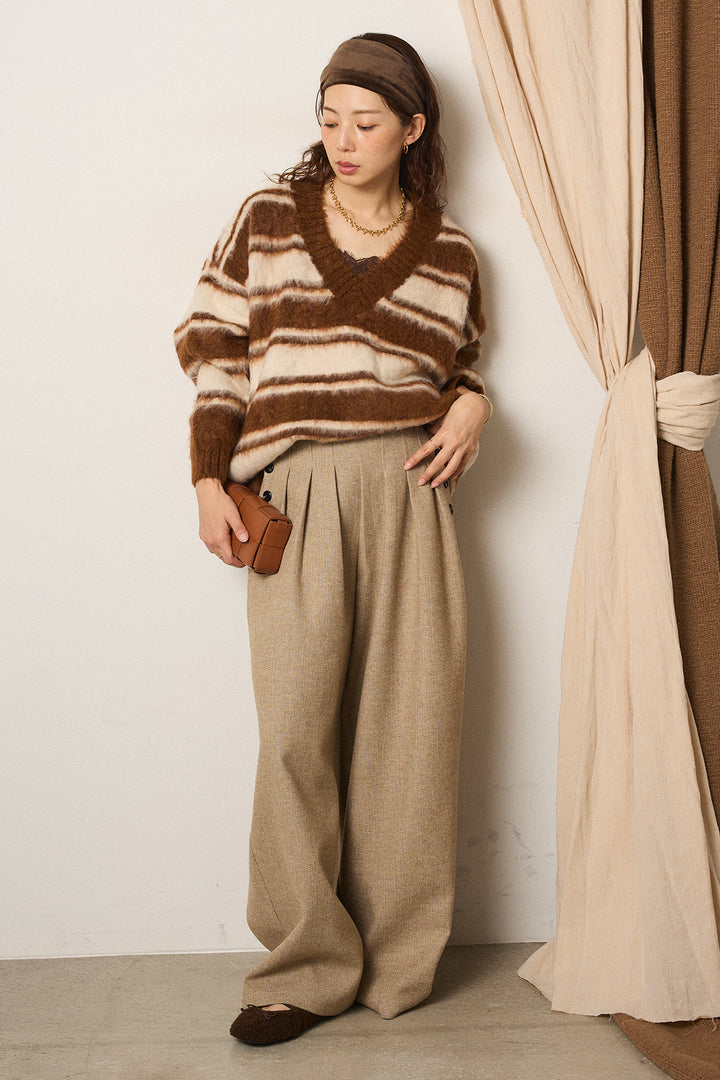 [SET]ルーズVネックボーダーニットトップス+サイドボタンツイードタックパンツ(2set)