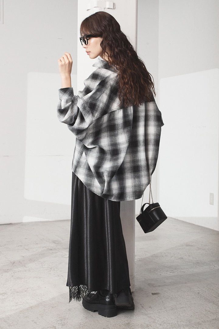 [SET]オンブレーチェックビッグシルエットCPOシャツ+裾レースデザインサテンスカート(2set)