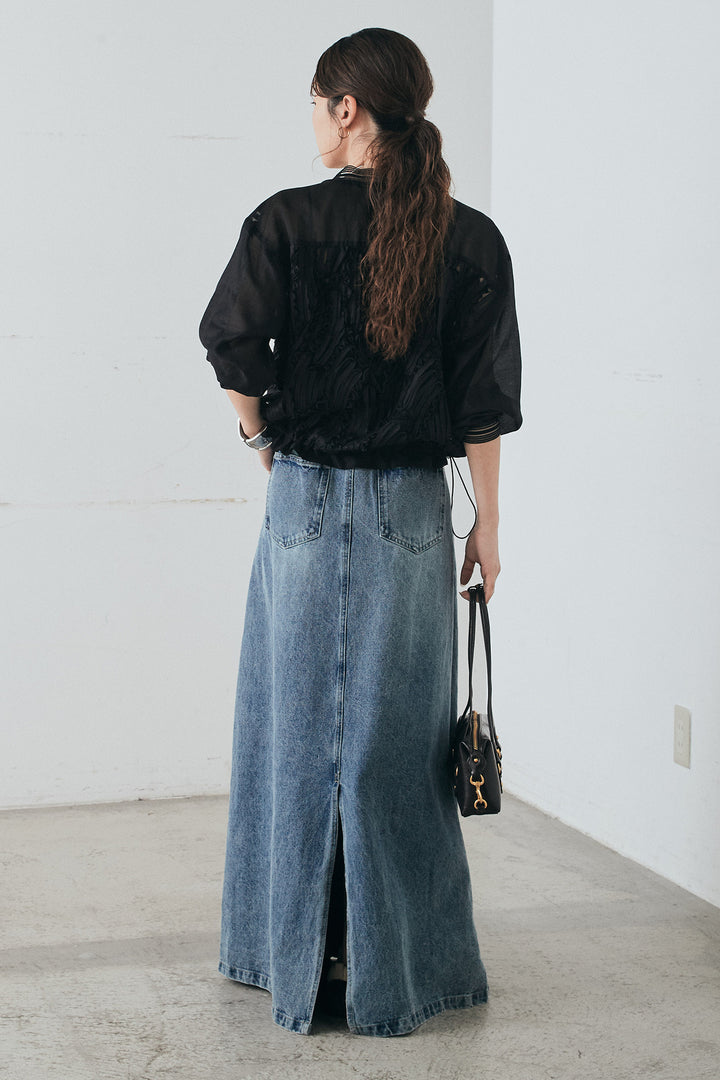 [SET]モチーフ付きシアーブルゾン+デニムロングフレアスカート(2set)