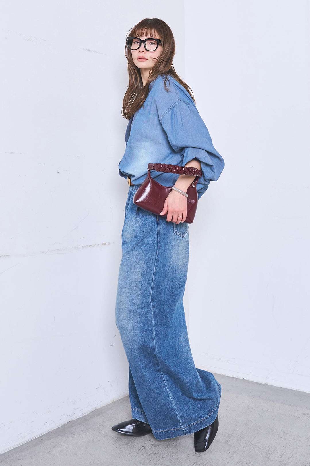 [SET]シアーデニムカーディガン+ベルトループワイドタックデニムパンツ(2set)