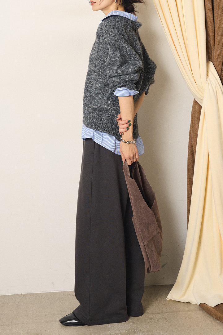 [SET]ストライプシャツドッキングニットポロトップス+裏起毛スウェットワイドパンツ(2set)