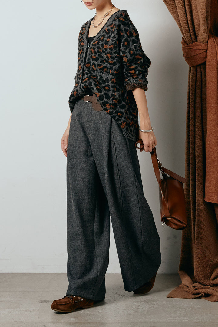 [SET]ステッチデザインレオパードニットカーディガン+ポーチベルト付きカーブパンツ(2set)