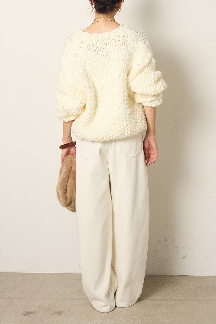 [SET]Vネックハンド編みニットトップス+ベルト付きカジュアルカーブワイドパンツ+レース切り替えキャミソール(3set)