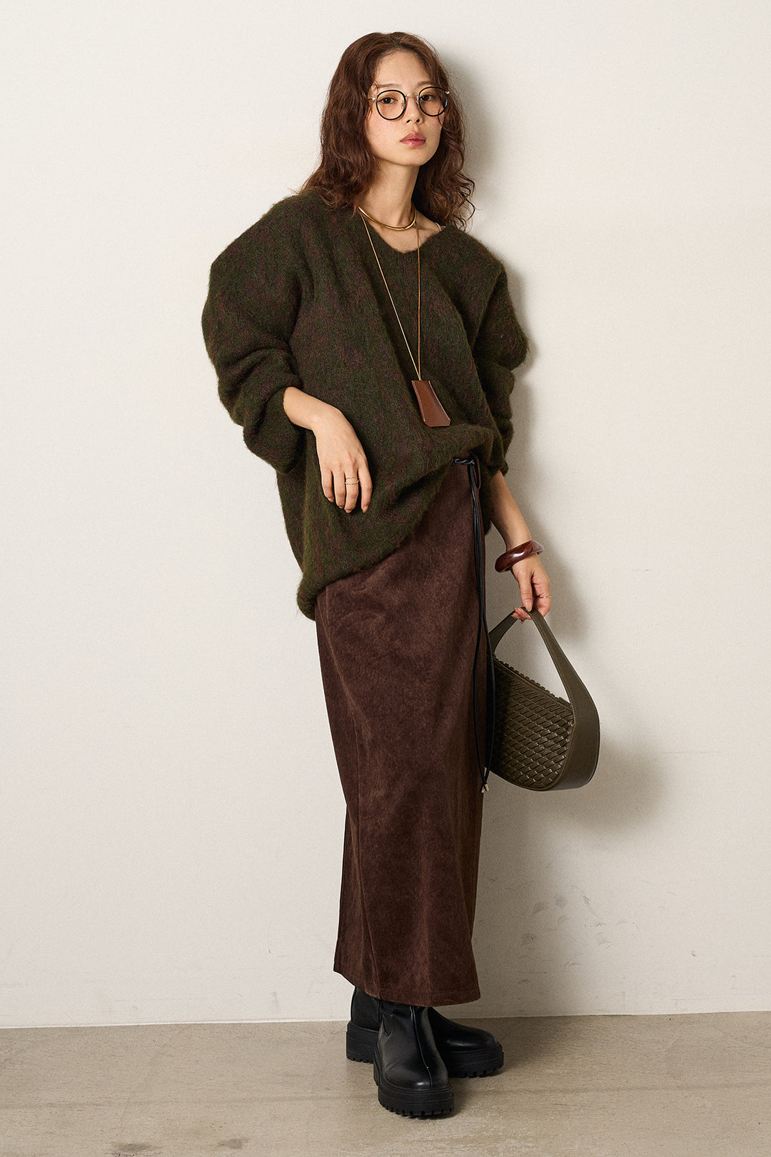 [SET]フラッフィーレオパードシャギーニット+ロープベルト付きスウェード調スカート(2set)