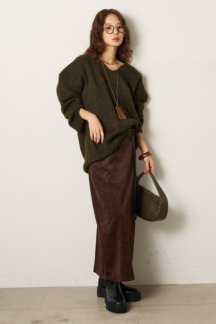 [SET]フラッフィーレオパードシャギーニット+ロープベルト付きスウェード調スカート(2set)