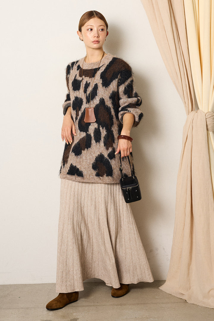 [SET]ルーズアニマルモヘアニットトップス+編み地切り替えフレアニットスカート(2set)