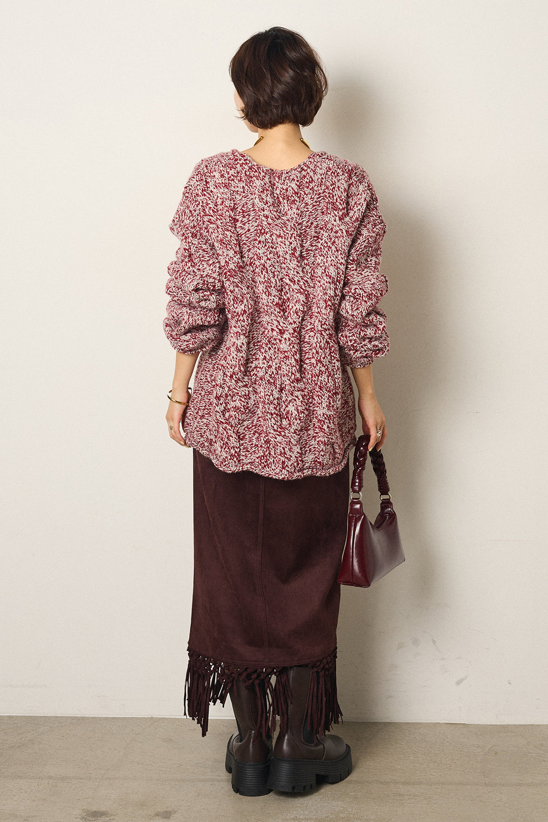 [SET]Vネックミックス編みニットトップス+スウェードライク裾フリンジスカート(2set)