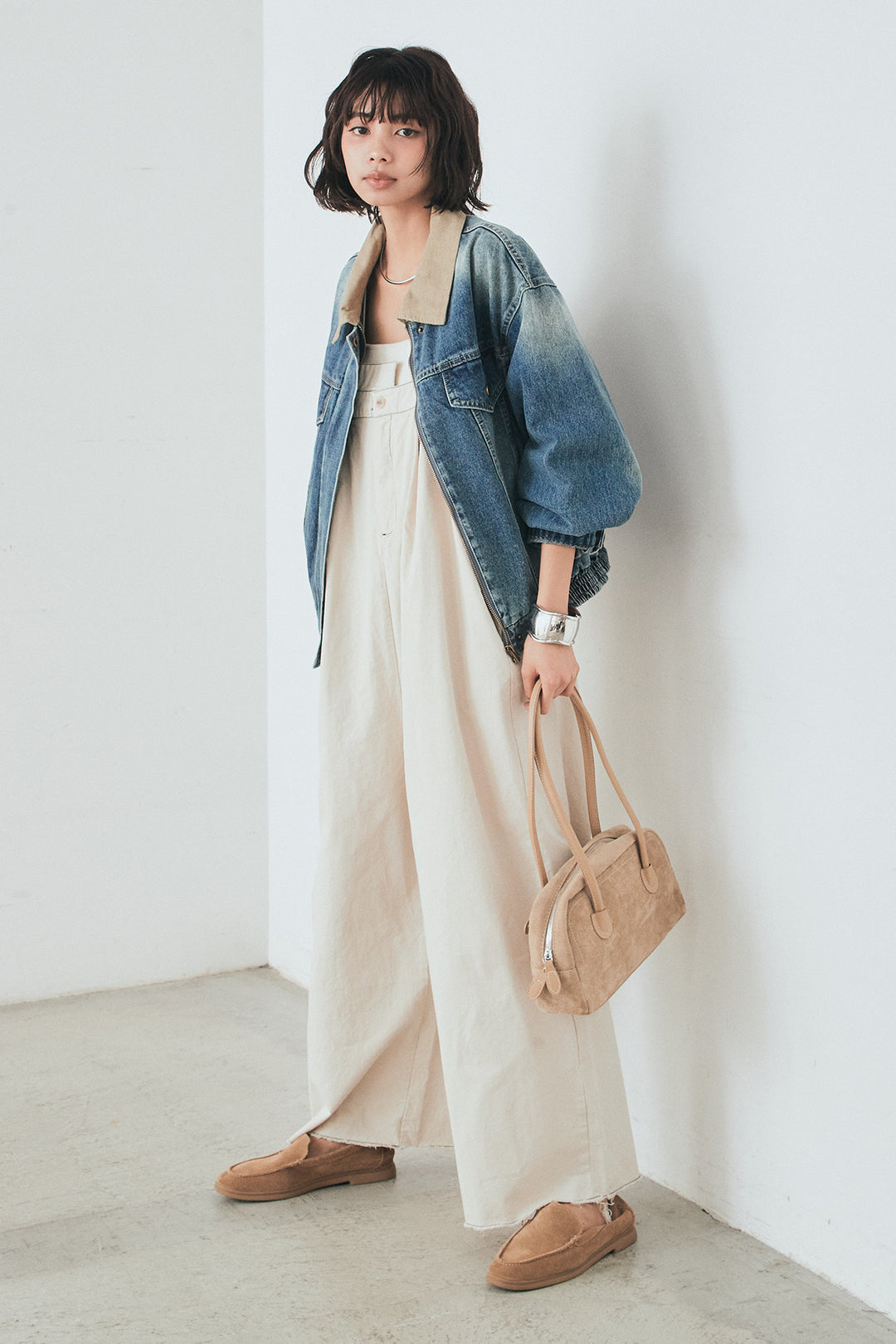 [SET]襟切り替えジップデニムジャケット+綿ツイルアシメサロペット(2set)