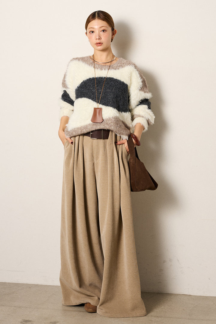 [SET]シャギーウェーブ柄クルーネックニットトップス+ベルトループコーデュロイワイドパンツ(2set)