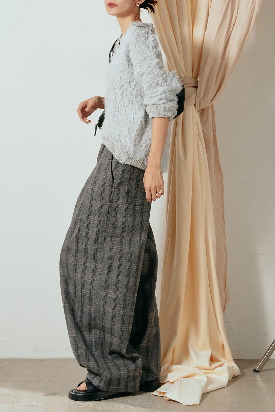 [SET]襟付きシャギーニットポロトップス+タータンチェック柄タックパンツ(2set)