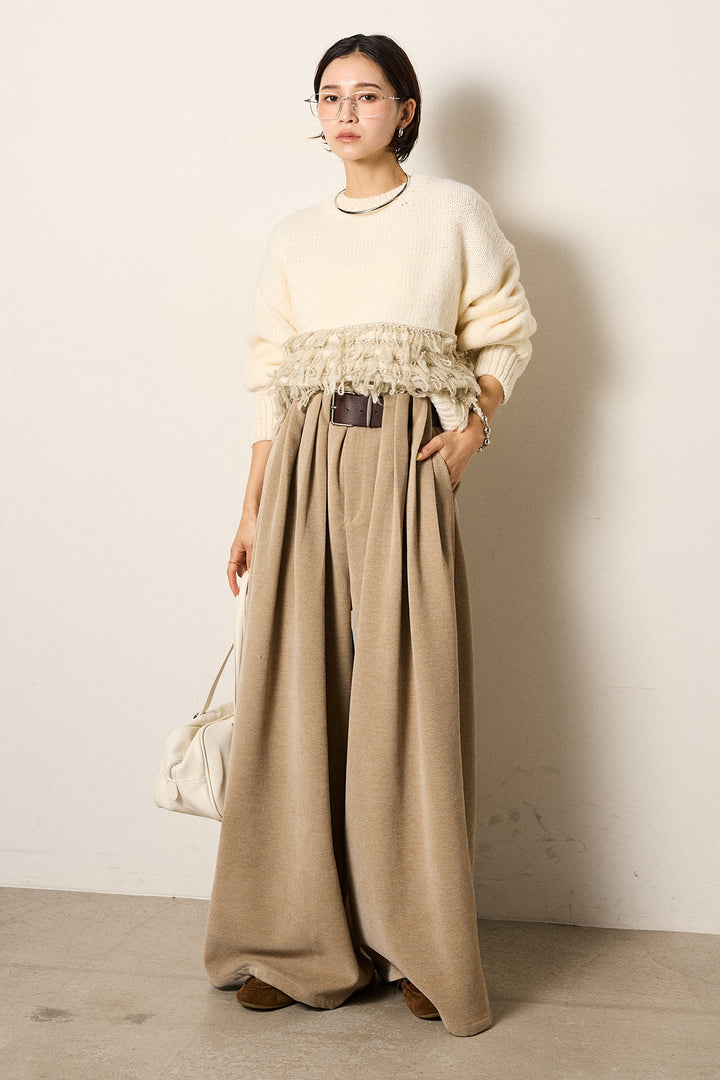 [SET]ループ編み切り替えニットプルオーバー+ベルトループコーデュロイワイドパンツ(2set)