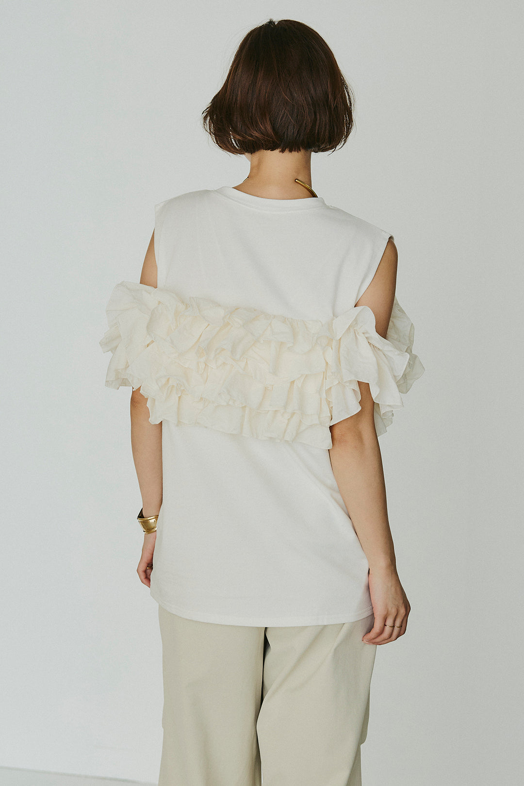 [SET]天竺ナイロンドッキングビスチェ風トップス+ニーサイドタックウエストドロスパンツ(2set)