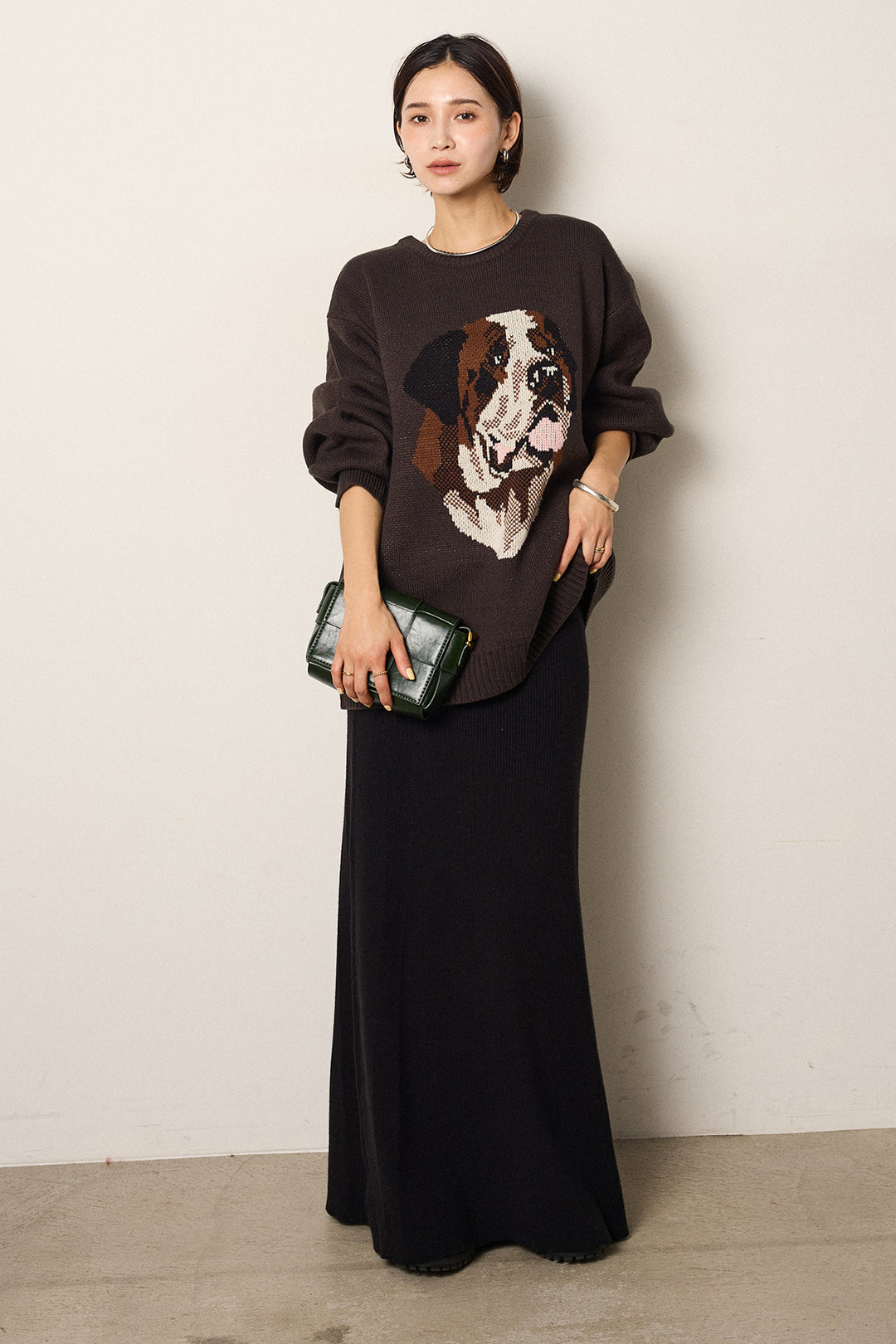 [SET]アニマルジャガード柄ニットトップス+リブナローニットスカート(2set)