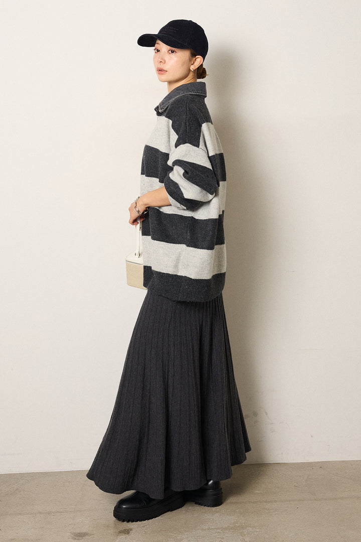 [SET]デニムカラーボーダールーズニット+編み地切り替えフレアニットスカート(2set)