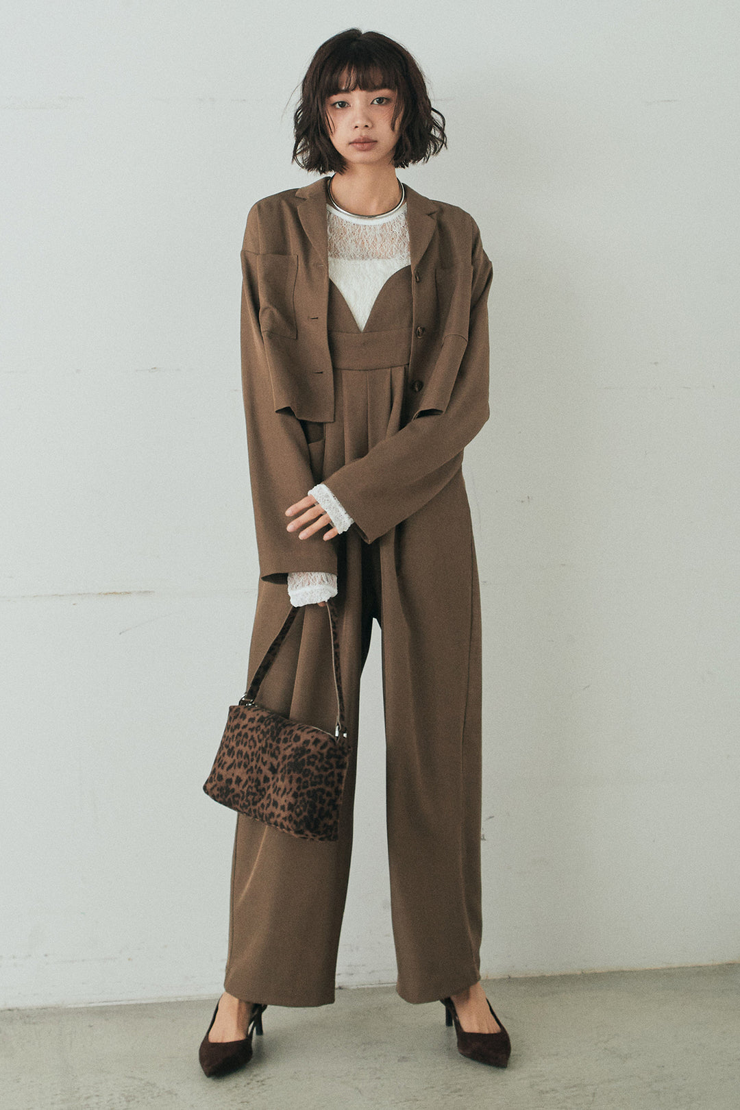 [SET]バックジップデザインショートツイルジャケット+キャミロングオールインワン(2set)