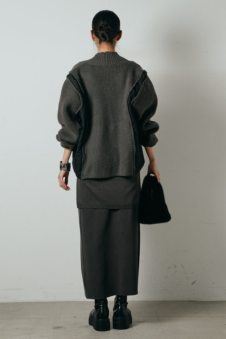 [SET]キルティング切り替えニットカーディガン+ウエストラップ巻きニットスカート(2set)