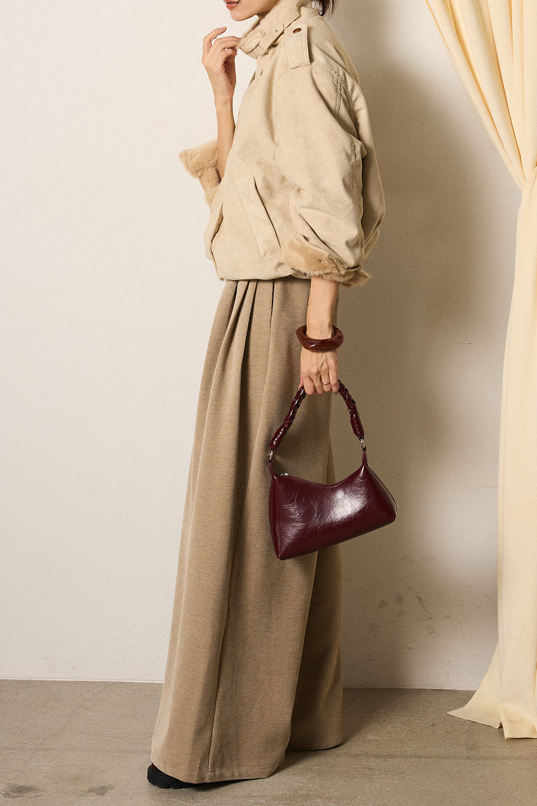 [SET]スタンド襟スウェードライクアウター+ベルトループコーデュロイワイドパンツ(2set)