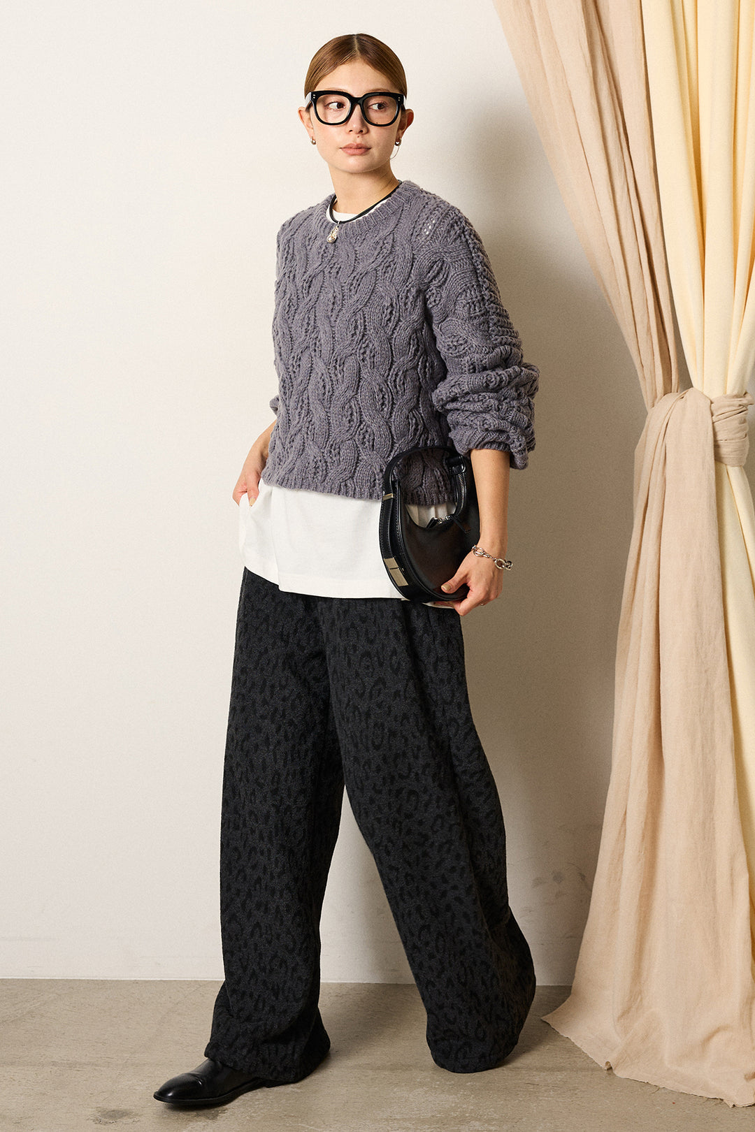 [SET]ケーブルリラックスショートニット+レオパードジャガードニットパンツ(2set)