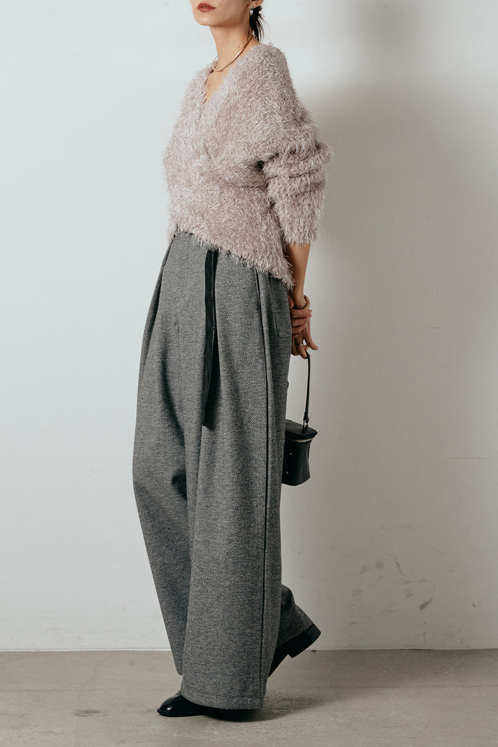 [SET]シャギークロスニットトップス+細ベルト付き起毛タックワイドパンツ(2set)