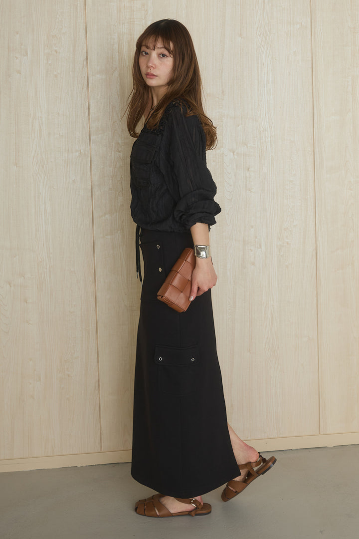 [SET]異素材切替シアーメッシュカーディガン+ドットボタン付きカットタイトスカート(2set)