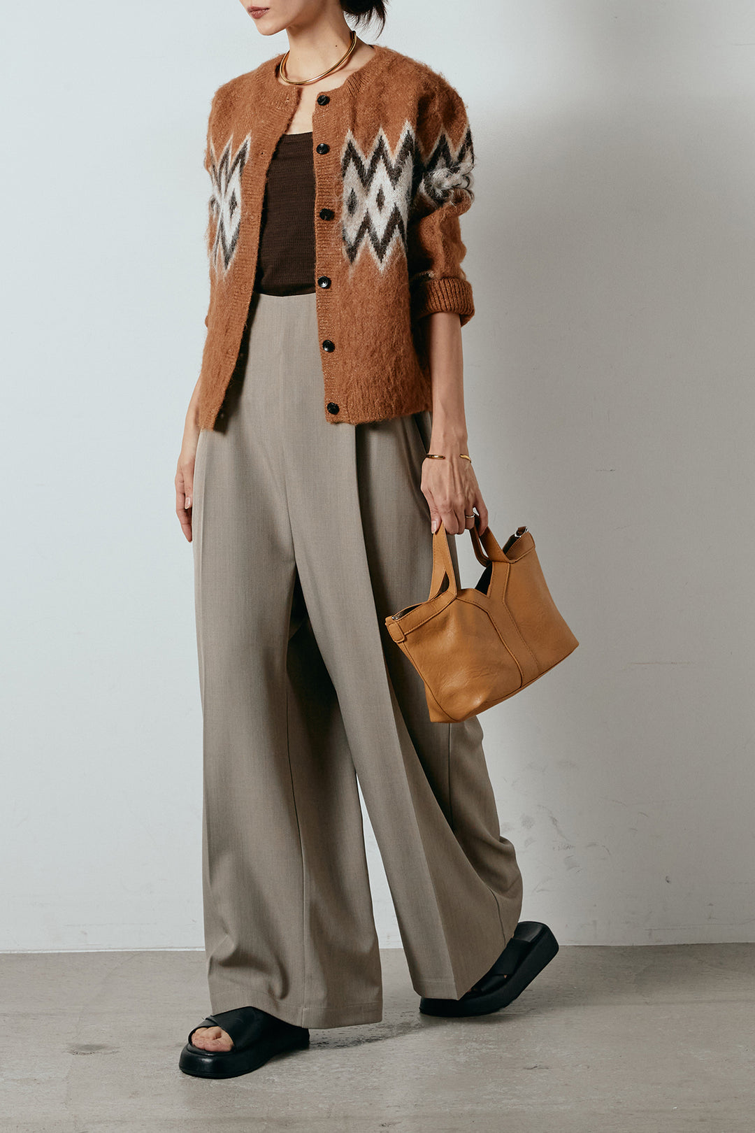 [SET]起毛ノルディック柄ニットカーディガン+ワイドツイルサロペット(2set)