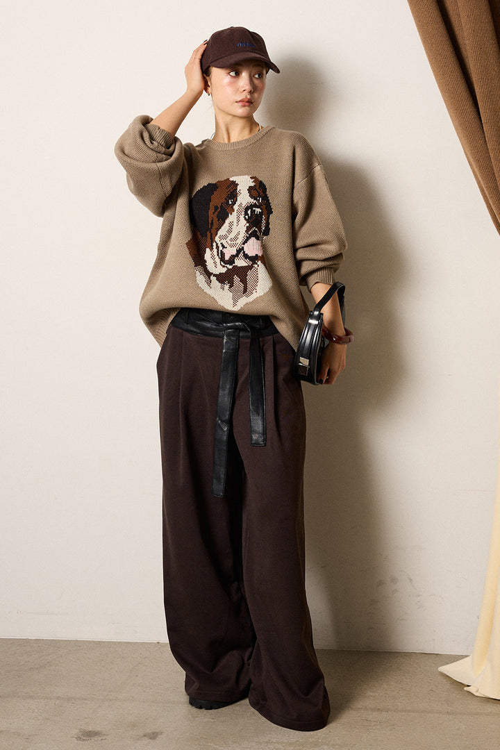 [SET]アニマルジャガード柄ニットトップス+巻ベルトウエストレザーライクワイドパンツ(2set)