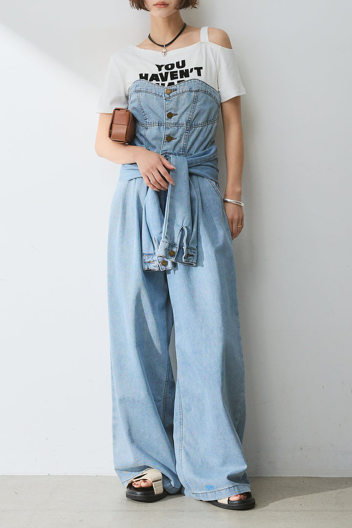 [SET]テキストロゴワンショルTシャツ+2WAYデニムベアサロペット(2set)
