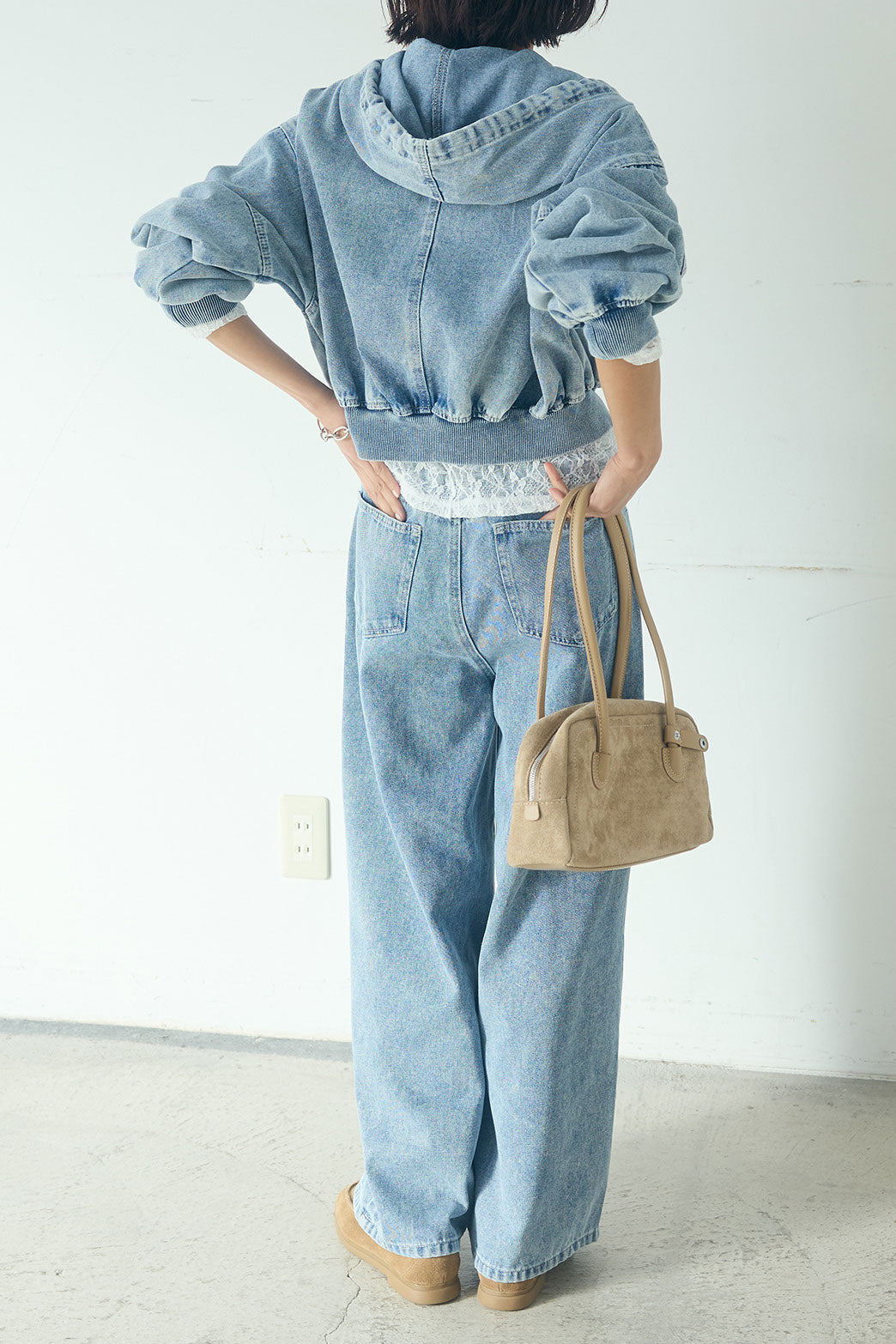 [SET]デニムダブルジップパーカーブルゾン+デニムタックカーブパンツ(2set)