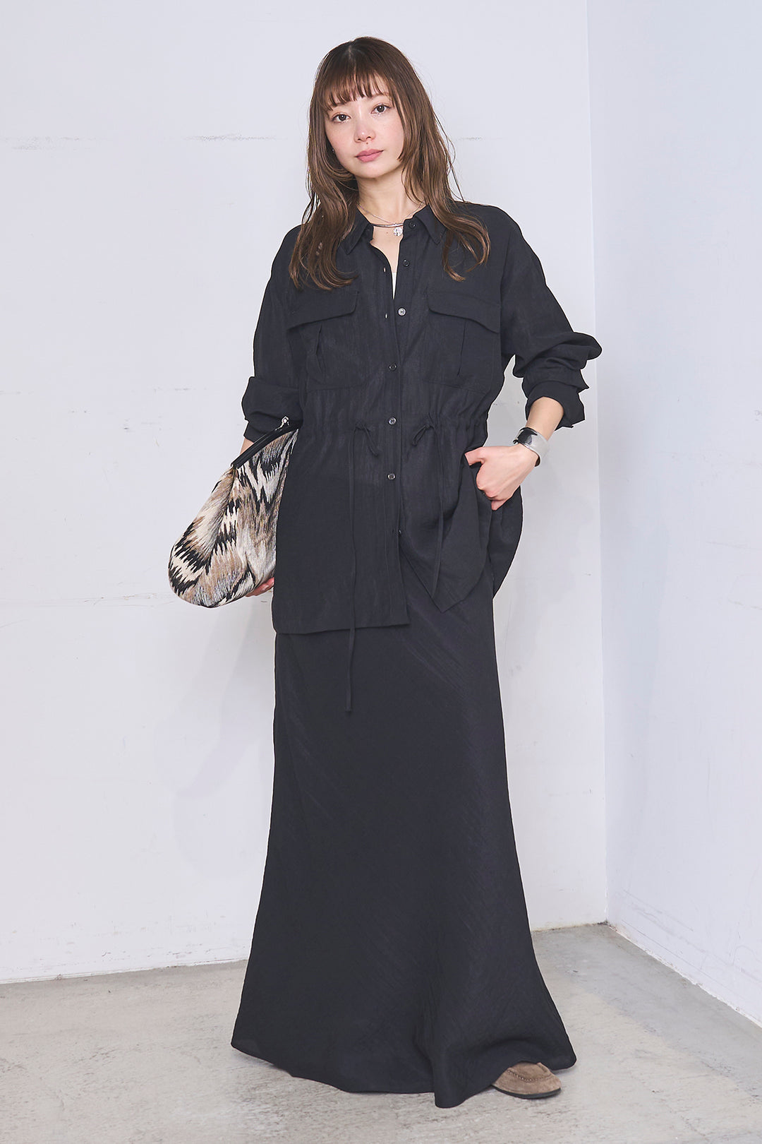 [SET]リネンブレンドシアーサファリシャツ+リネンブレンドロングナロースカート(2set)