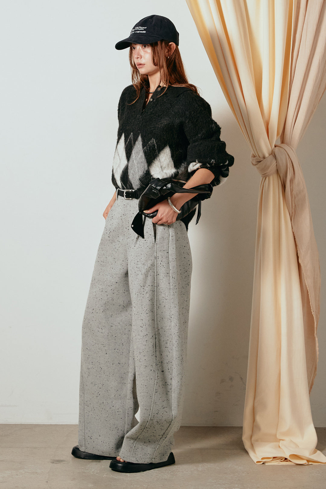 [SET]アーガイル柄ポロニットトップス+ベルト付きネップツイードカーブパンツ(2set)