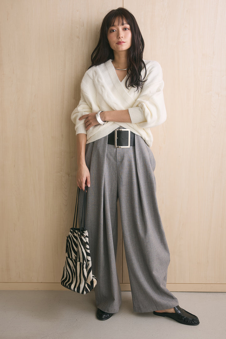[SET]ケーブルカシュクールニットトップス+ビッグベルトループカーブスラックス(2set)