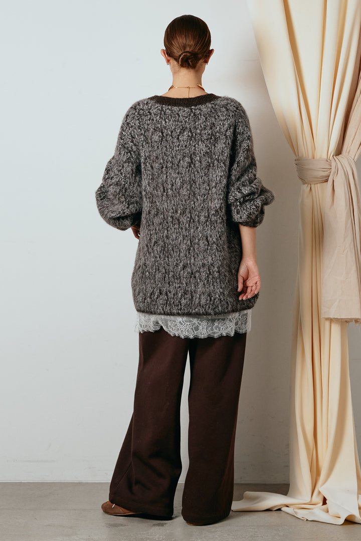 [SET]ボリュームスリーブミックスニットトップス+裏起毛スウェットワイドパンツ(2set)