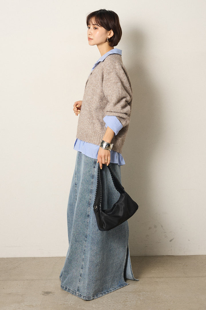 [SET]ストライプシャツドッキングニットポロトップス+デニムロングフレアスカート(2set)