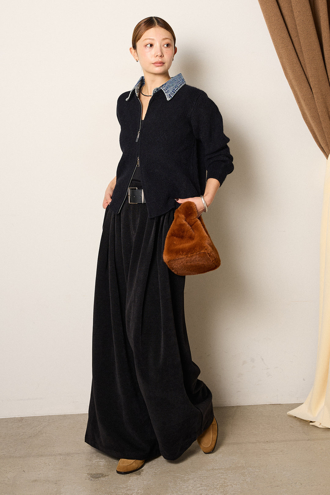 [SET]デニム襟ダブルジップニットトップス+ベルトループコーデュロイワイドパンツ(2set)