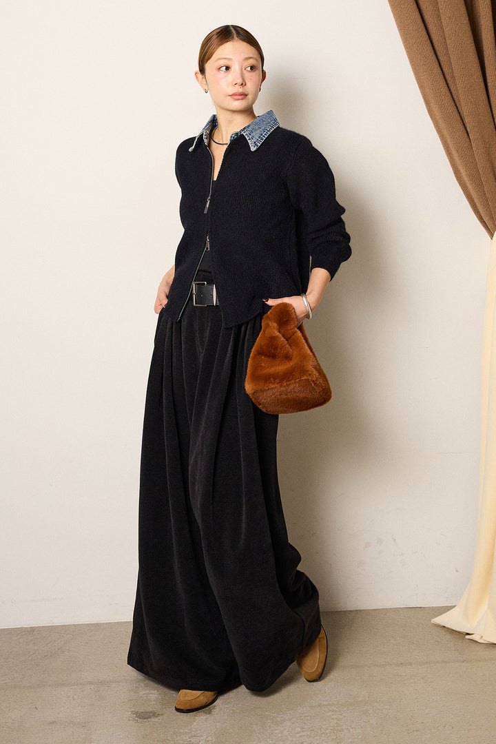 [SET]デニム襟ダブルジップニットトップス+ベルトループコーデュロイワイドパンツ(2set)