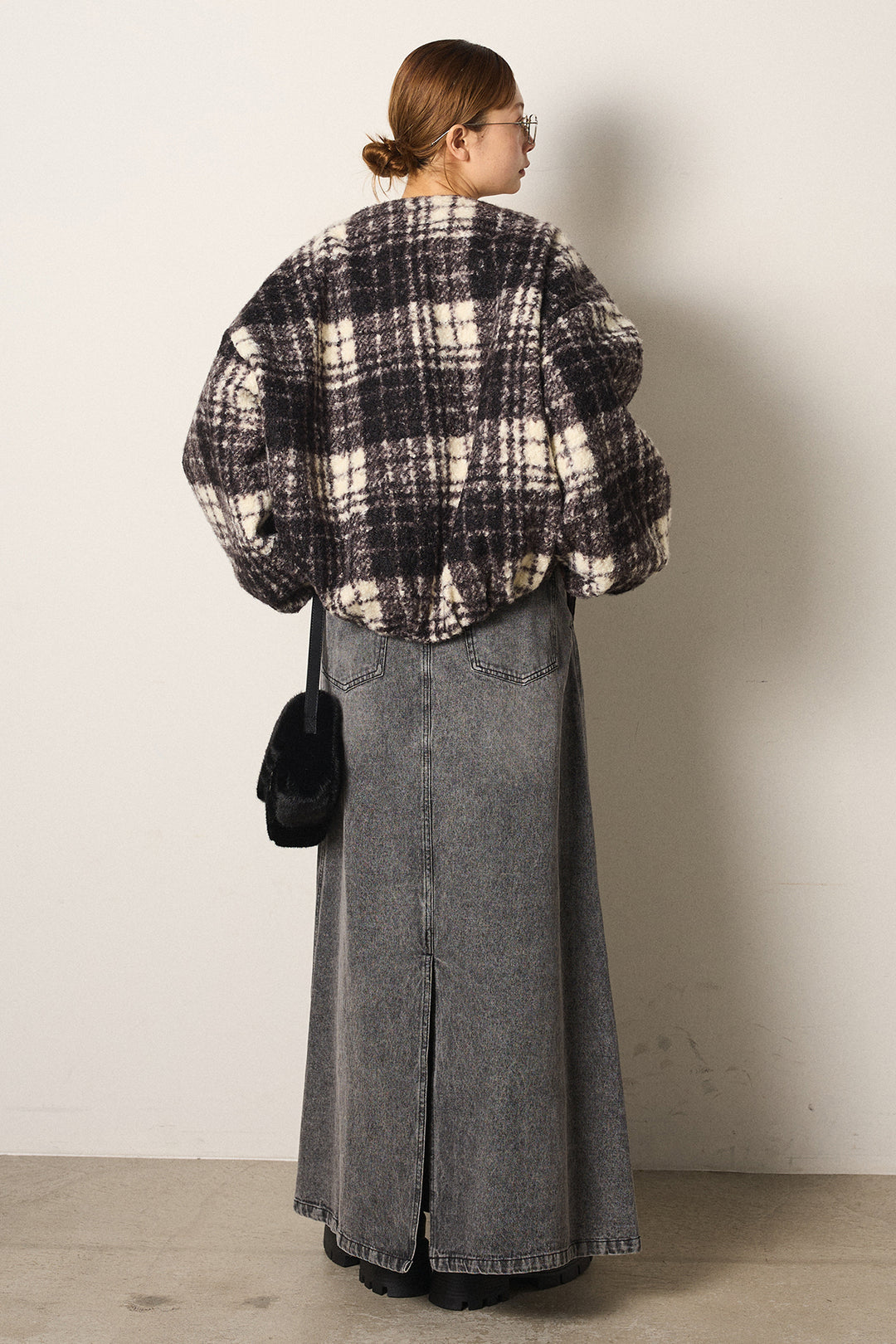 [SET]ノーカラーチェック柄ボアブルゾン+デニムロングフレアスカート(2set)