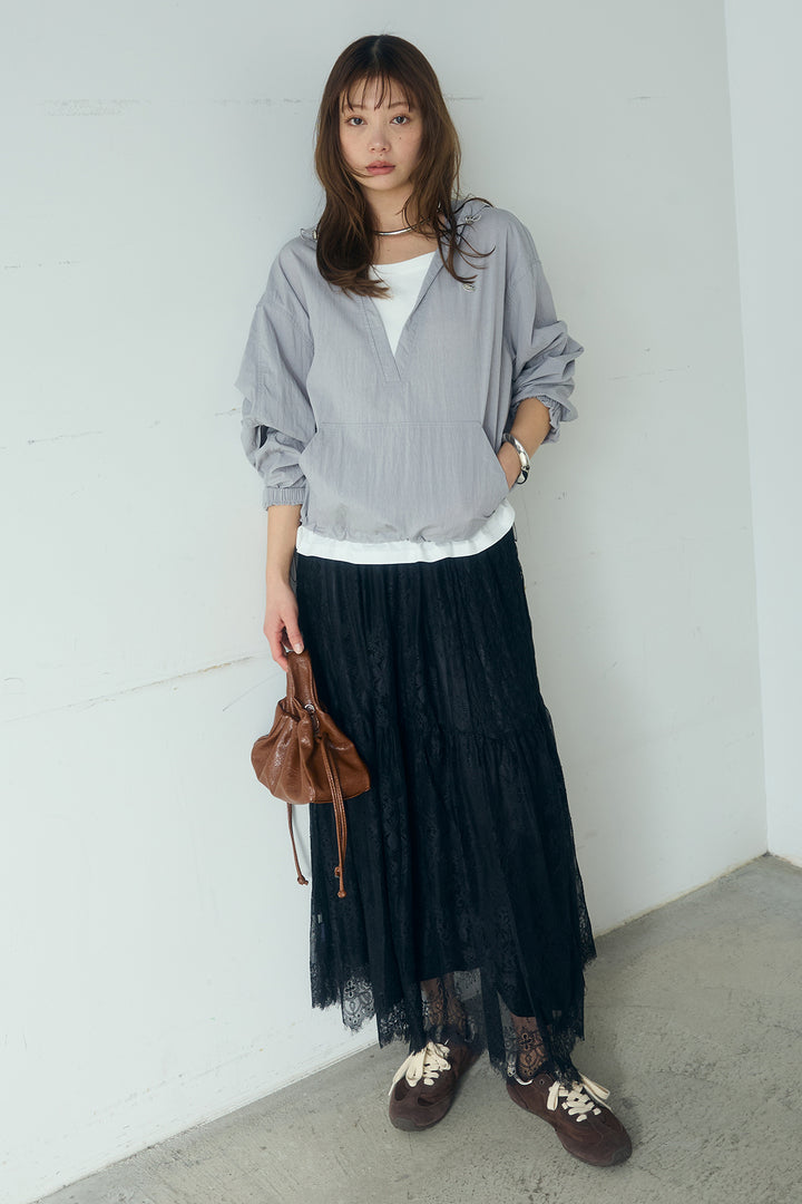 [SET]レイヤードデザインフーディートップス+ひげレース切替ロング丈スカート(2set)