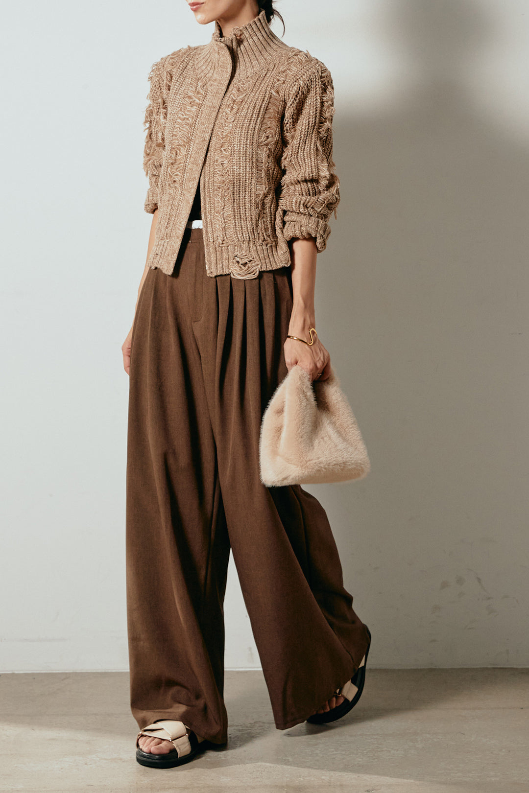 [SET]ハイネックフリンジジップニットトップス+ウエストステッチデザインワイドスラックス(2set)