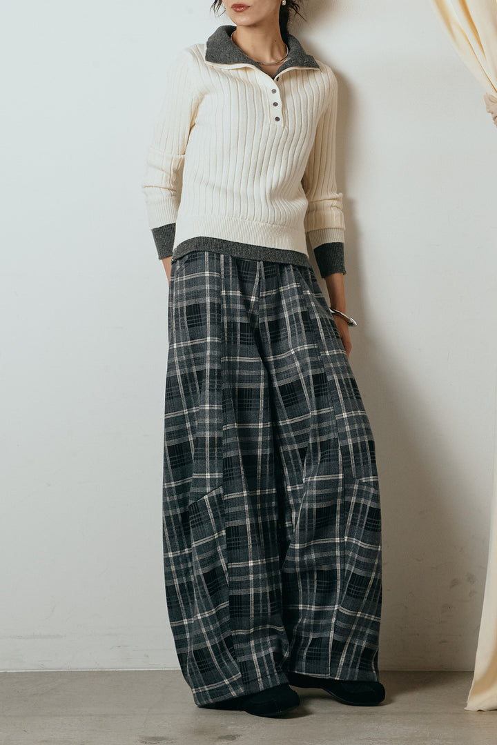 [SET]レイヤード風リブニットトップス+ベルト付きタータンチェックカーブワイドパンツ(2set)