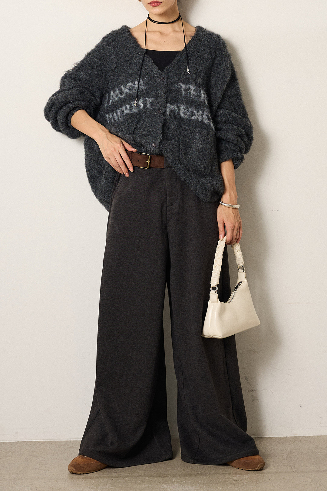 [SET]ウール混透かしロゴニットカーディガン+サイドベルトパンツ(2set)