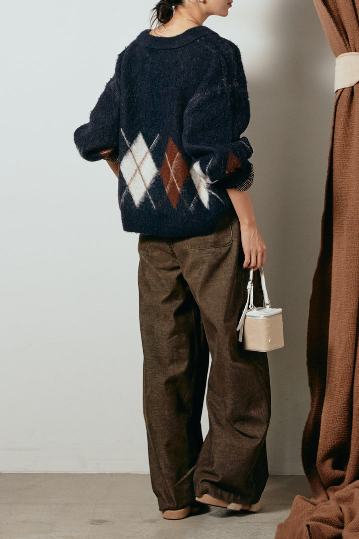 [SET]アーガイル柄ポロニットトップス+フロントタック入りコーデュロイパンツ(2set)