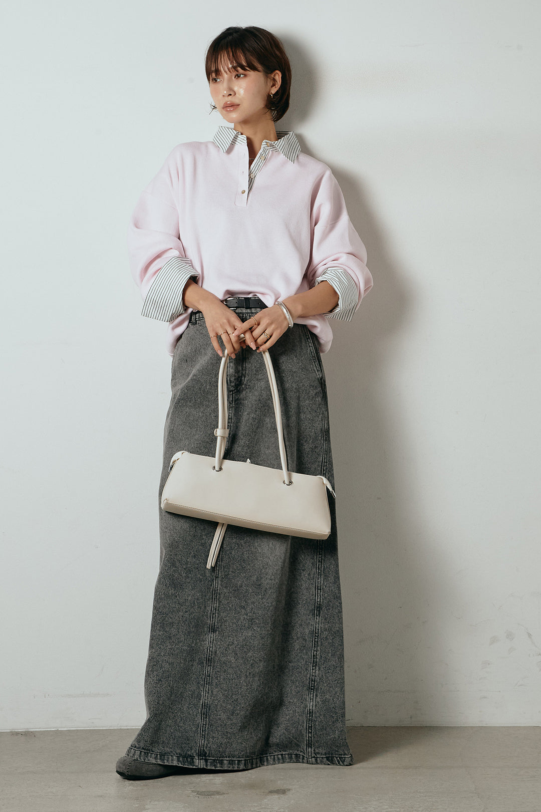 [SET]ストライプシャツドッキングポロトップス+デニムロングフレアスカート(2set)