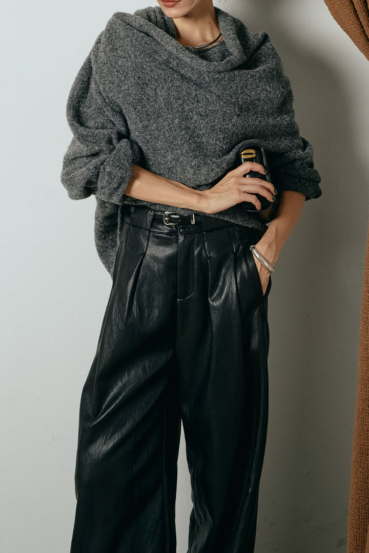 [SET]ネック巻きデザインニットトップス+ベルト付きレザーライクタックパンツ(2set)