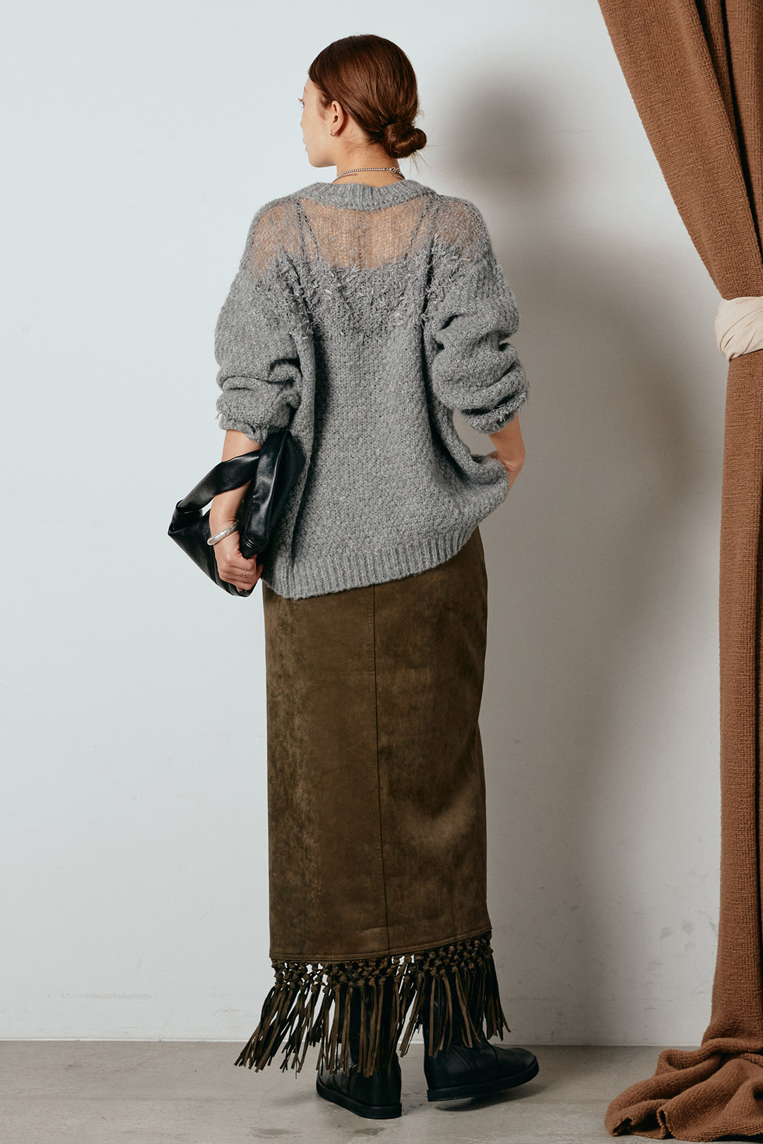 [SET]パターンランダム編みニットトップス+スウェードライク裾フリンジスカート(2set)