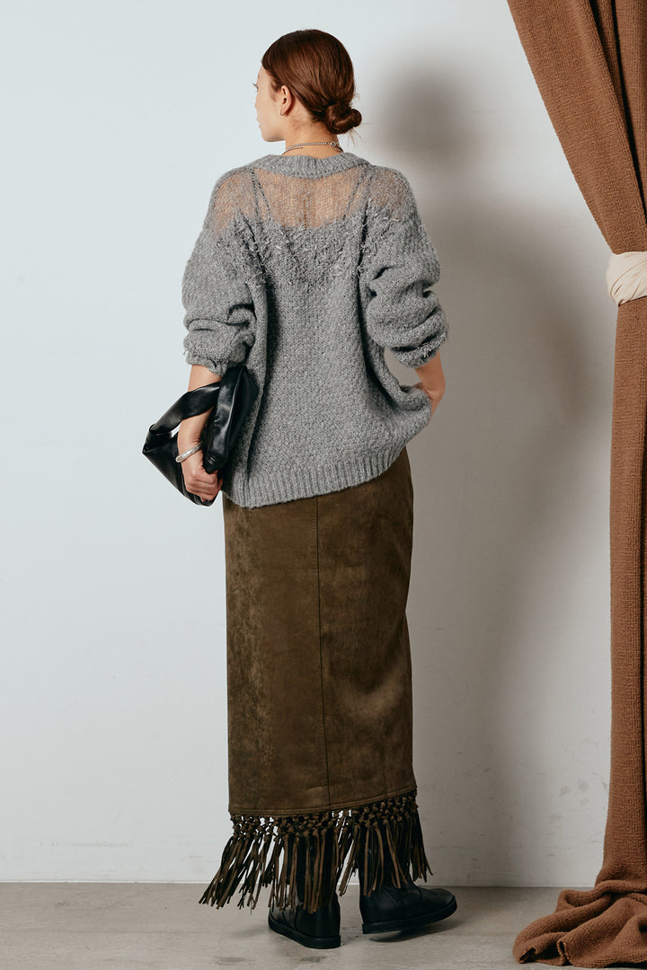 [SET]パターンランダム編みニットトップス+スウェードライク裾フリンジスカート(2set)