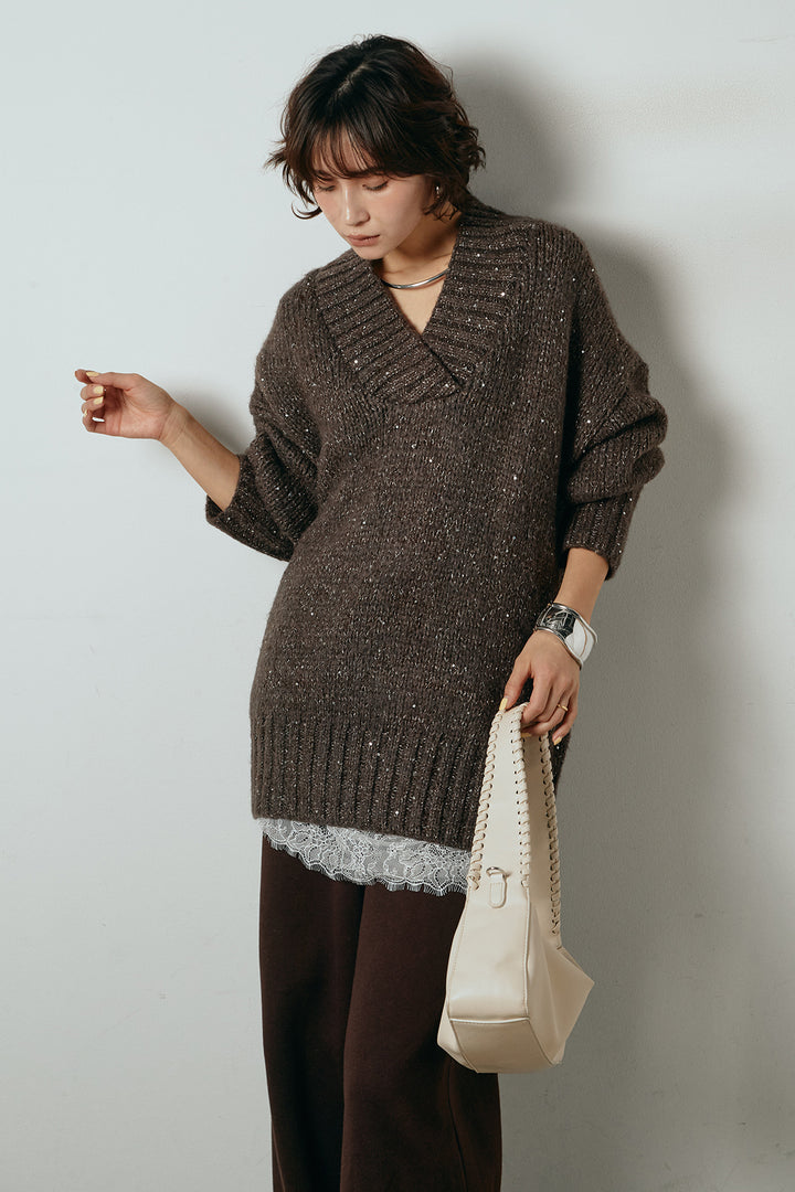 [SET]Vネックラメニットトップス+裏起毛スウェットワイドパンツ(2set)