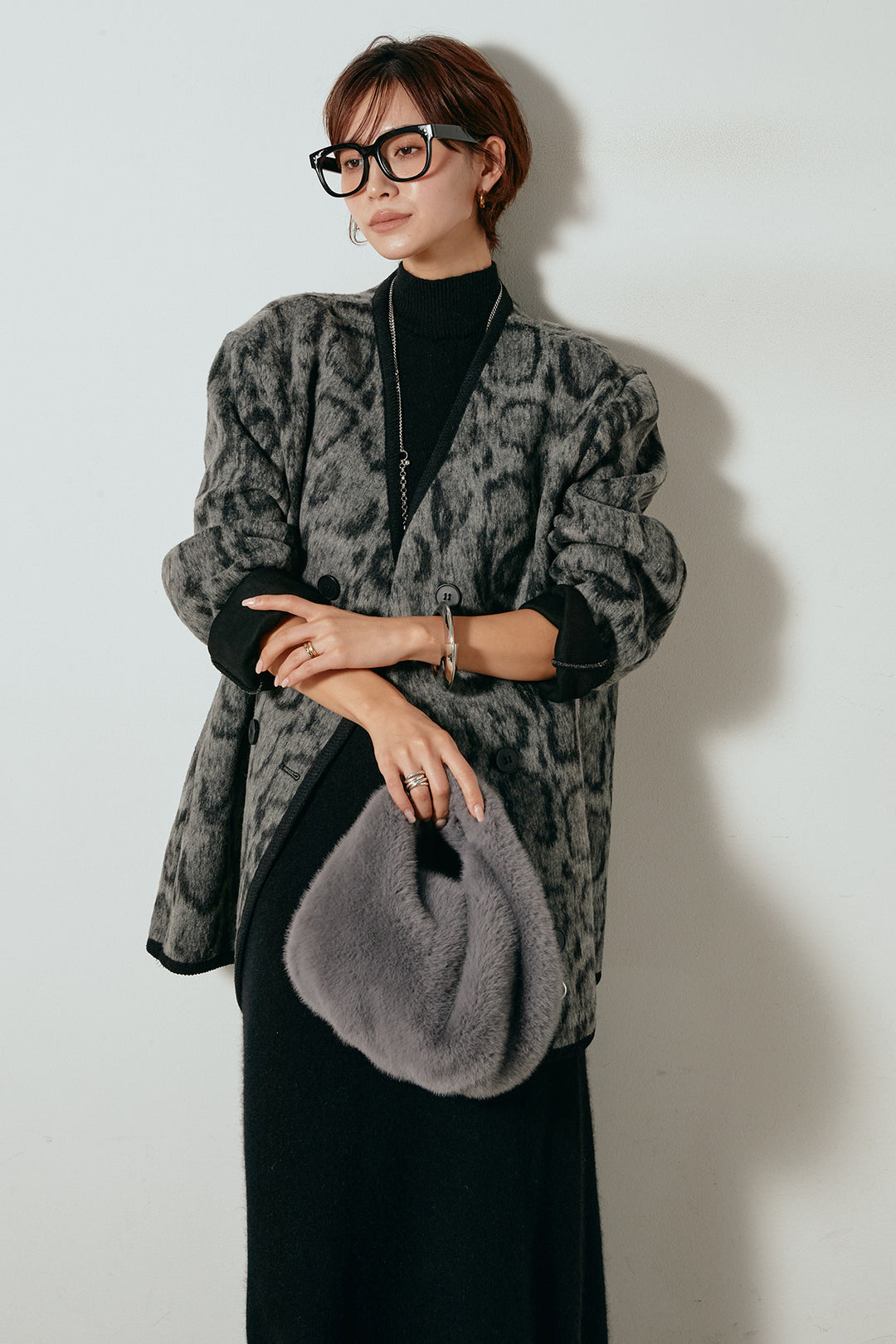 [SET]ノーカラーレオパード柄アウター+ノースリーブニットロングワンピース(2set)