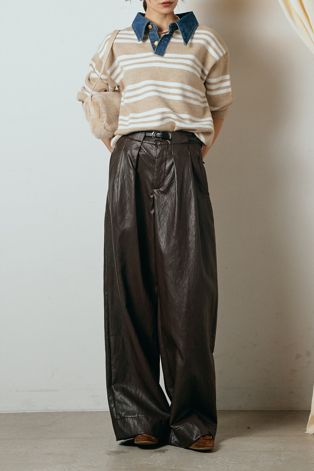[SET]デニムレイヤード風ランダムボーダーニットプルオーバー+ベルト付きレザーライクタックパンツ(2set)