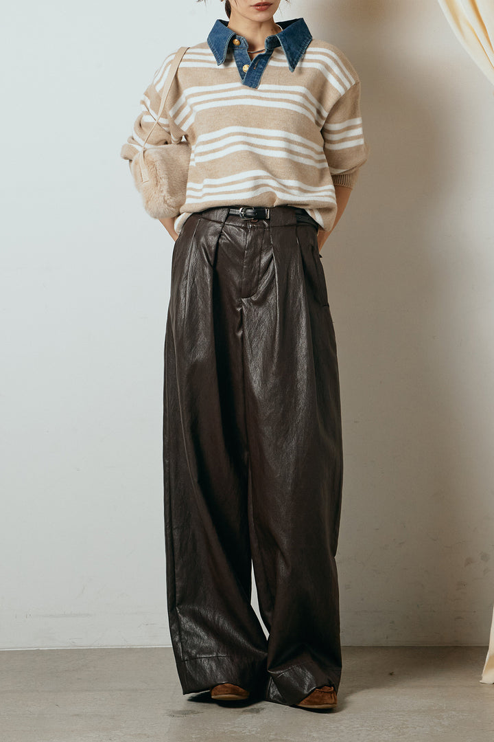 [SET]デニムレイヤード風ランダムボーダーニットプルオーバー+ベルト付きレザーライクタックパンツ(2set)