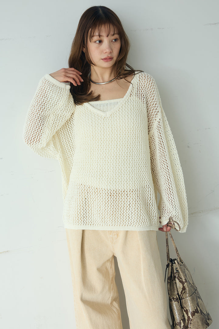 [SET]メッシュ編みビスチェセットVネックプルオーバー+カラーデニムタックカーブパンツ(2set)